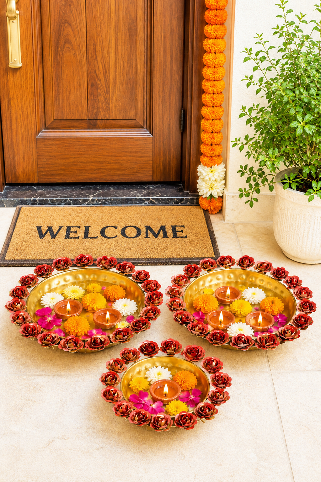 premium decorative urli bowl set of 3 with rose rim design hammered metal floating flower bowls for water candles tea lights diwali pooja wedding festival home decor centerpiece