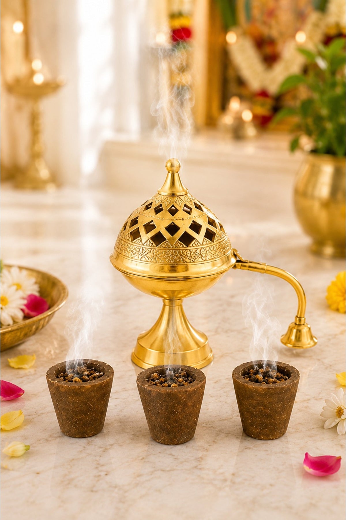 premium brass loban burner with handle handcrafted brass dhoop dani for loban sambrani cups bakhoor resin incense dhoop hinged lid pooja incense burner for home temple meditation gifting