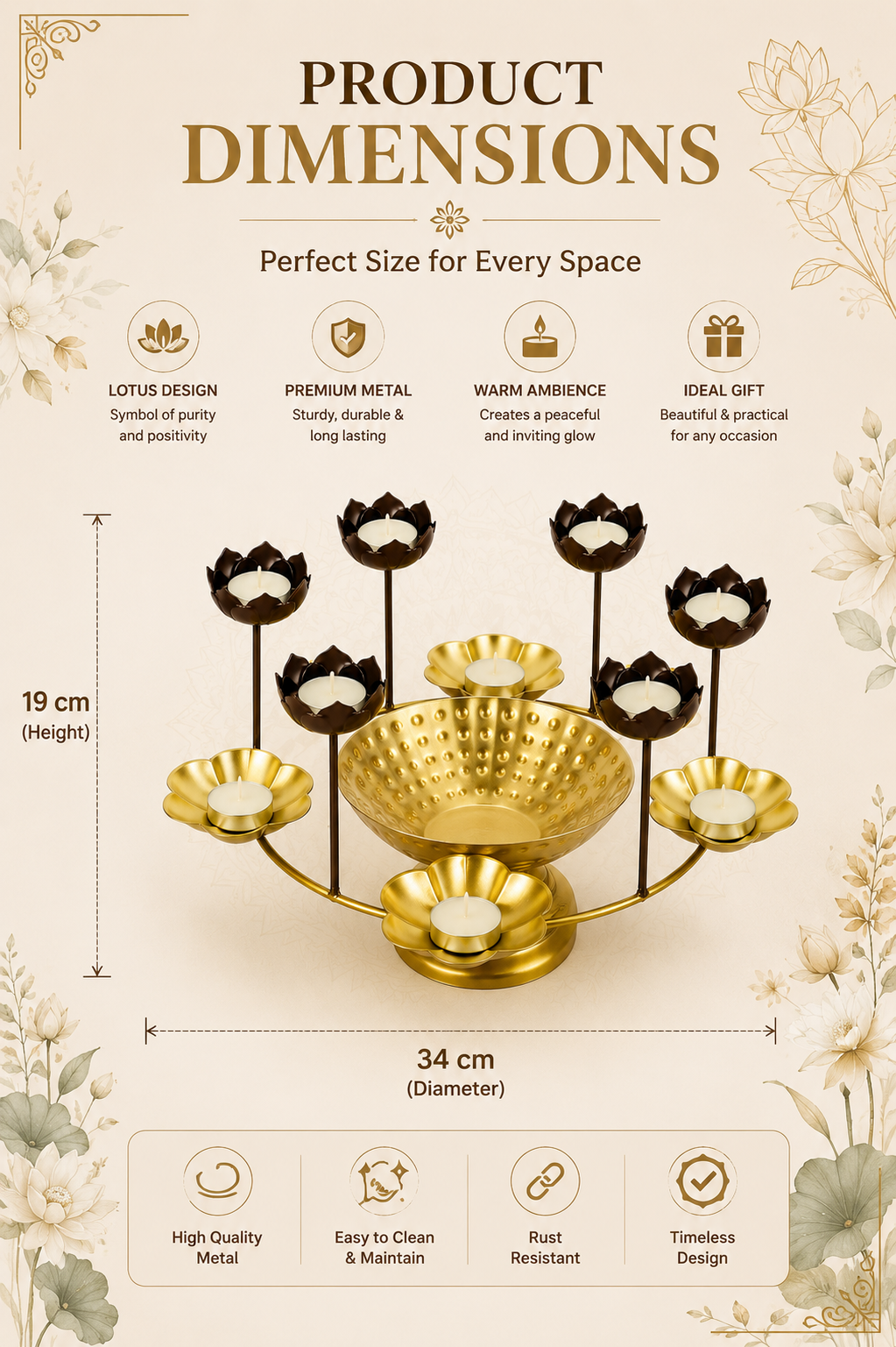 premium lotus urli bowl with elevated tea light holders decorative hammered metal floating flower bowl gold finish candle centerpiece for diwali pooja weddings festivals home decor