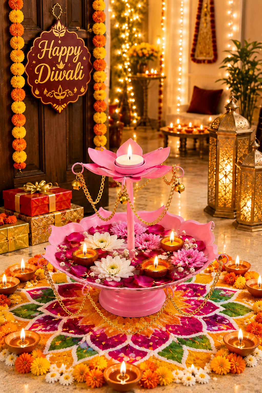 pink metal urli bowl with diya stand hanging chain design for floating flowers candles decorative centerpiece for diwali wedding home decor festive gifting