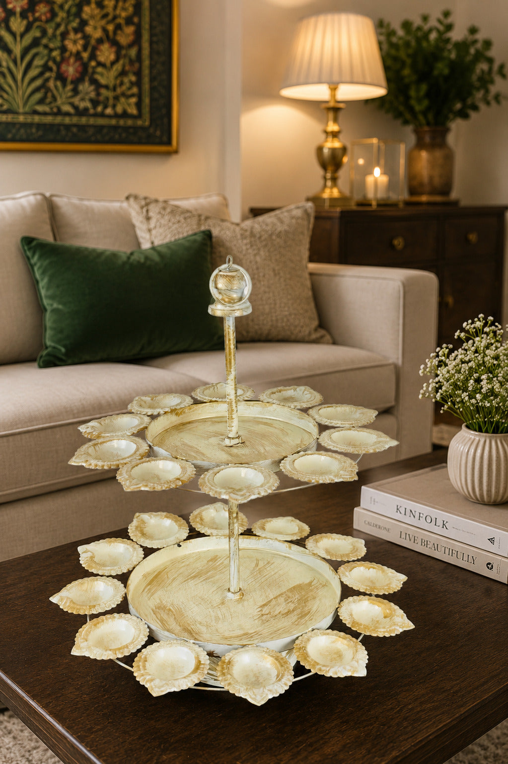 premium dual layer urli bowl with 24 tea light holders decorative metal floating flower stand antique gold ivory finish for diwali pooja weddings festivals home decor
