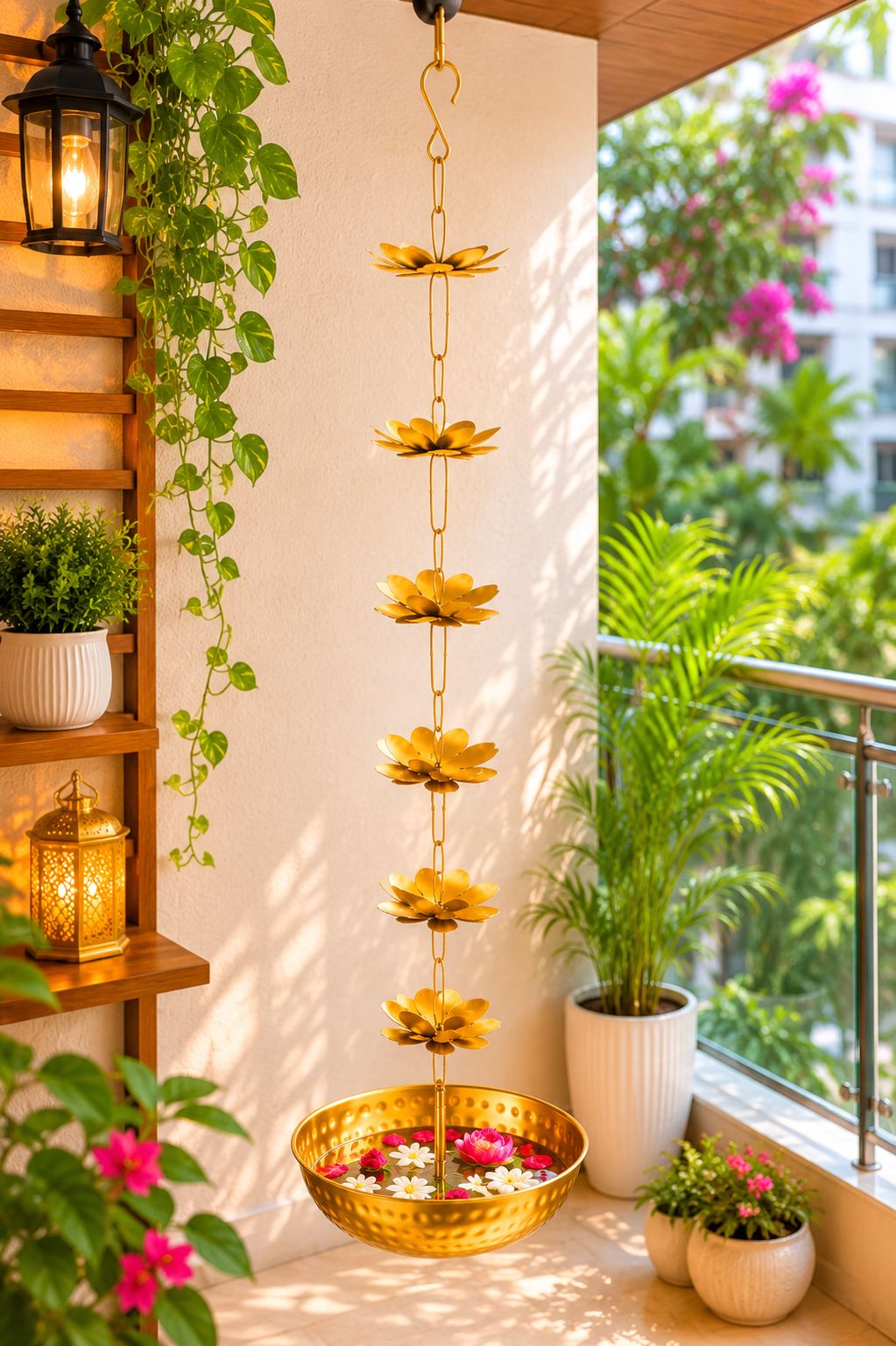 premium hanging lotus urli bowl with decorative flower chain handcrafted metal floating flower bowl for water candles tea lights hanging urli for diwali pooja wedding home decor