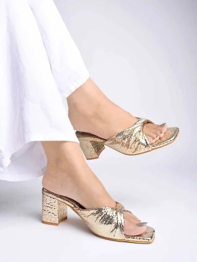 Shoetopia - Embellished Knotted Detailed Gold Block Heels For Women & Girls