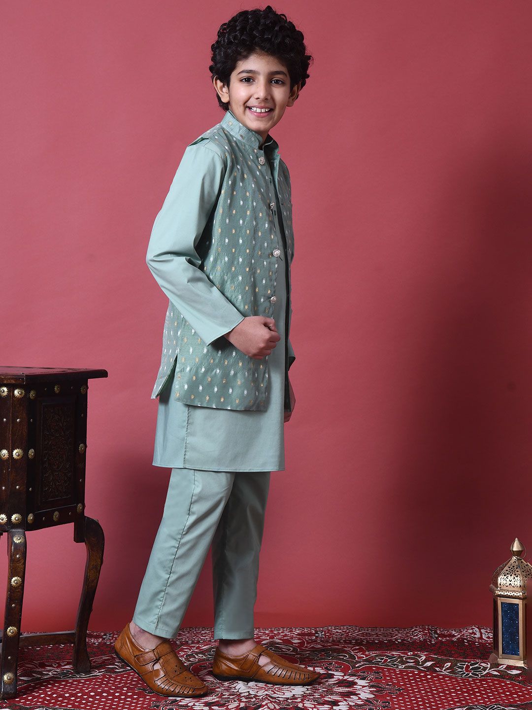 Indi Loom Couture Boys Mint Green Kurta with Chanderi Booti Jacket & Pyjama Set ILBKSJ06