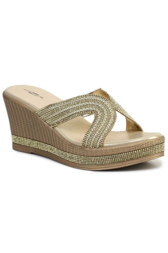 Gold Casual Wedge Open Back 3 inches Wedge Heels