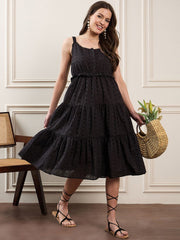 Zummer Black Schiffli Strappy Tiered Midi Dress