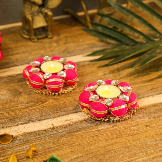 Handmade Pink Pompom Tealight Holder Diyas, Set of 2