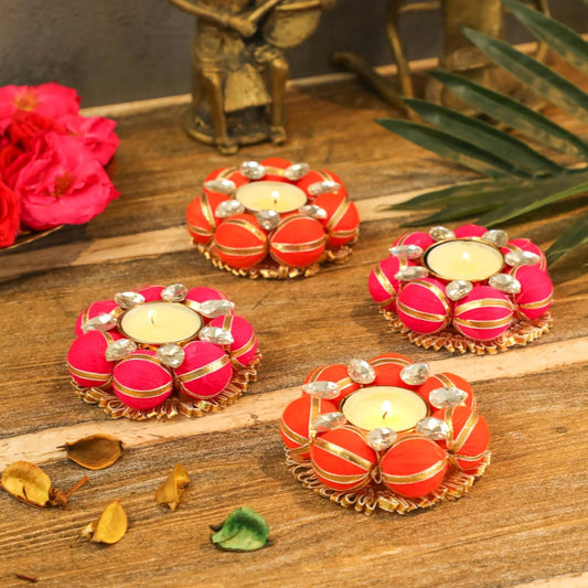 Handmade Pink Pompom Tealight Holder Diyas, Set of 2