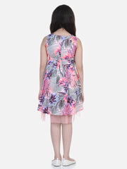 Girls Pink and Blue Printed Hi-Lo Dress with Net Inset