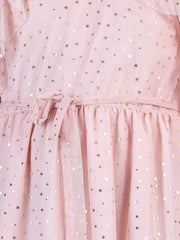 Girls Pink Star Print Net Cold Shoulder Dress