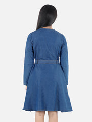 Girls Denim Long Sleeve Dress with Shoulder detail