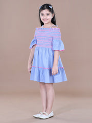 Girls Cotton Chambray Smocked Off Shoulder Dress