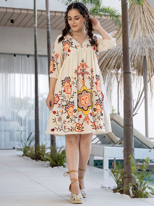 Zummer Floral Embroidered Puff Sleeve Short Dress