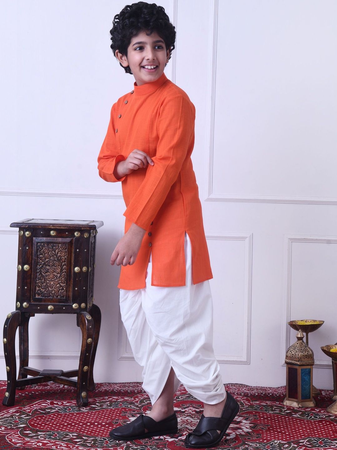 Indi Loom Couture Boys Orange Solid Ethnic Kurta with Dhoti Pant Set ILBKS16