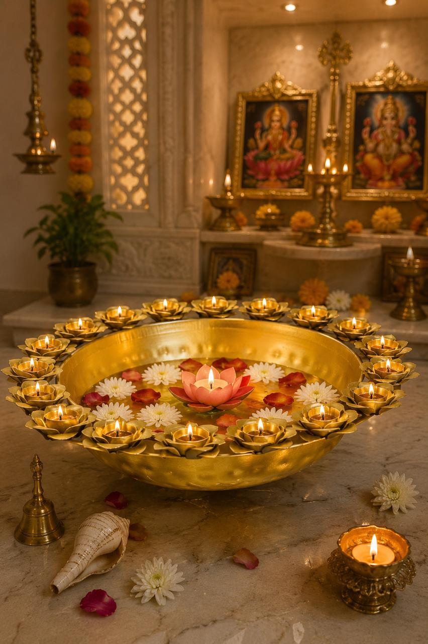 premium metal urli bowl with rose diya holders decorative floating flower urli for water candles tea lights traditional pooja urli for diwali home decor wedding festive decoration