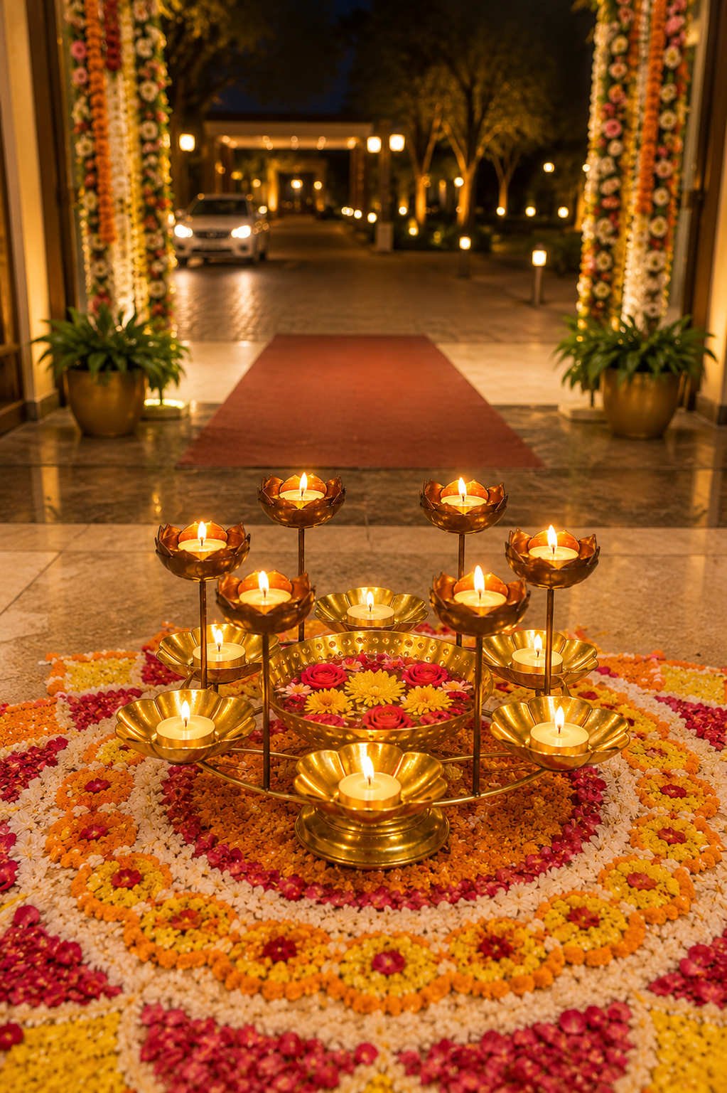 premium lotus urli bowl with elevated tea light holders decorative hammered metal floating flower bowl gold finish candle centerpiece for diwali pooja weddings festivals home decor