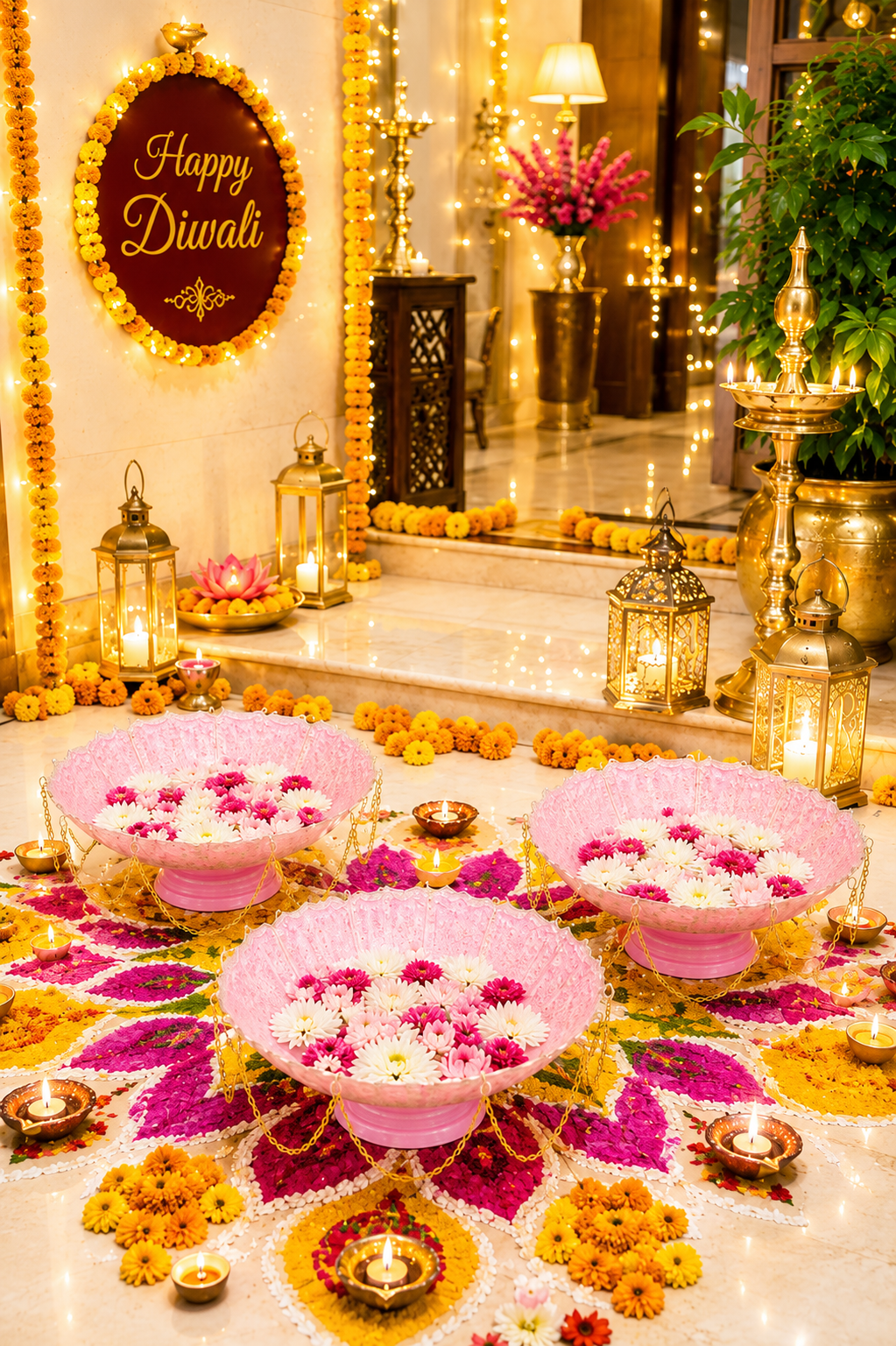 premium pink lotus urli bowl set of 3 with decorative chain handcrafted metal floating flower bowls for water candles tea lights decorative urli for diwali wedding pooja home decor