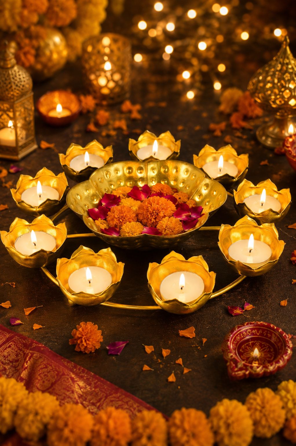 premium lotus urli bowl with 8 tea light holders hammered metal decorative floating flower bowl gold finish centerpiece for diwali pooja weddings festivals home decor gifting
