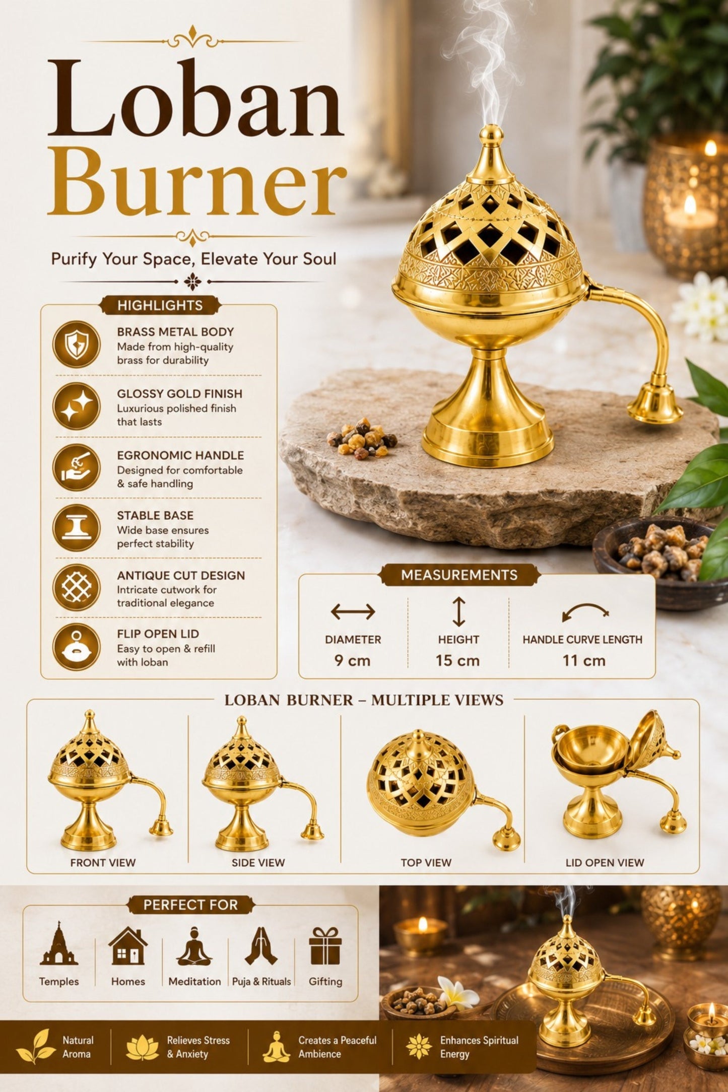 premium brass loban burner with handle handcrafted brass dhoop dani for loban sambrani cups bakhoor resin incense dhoop hinged lid pooja incense burner for home temple meditation gifting
