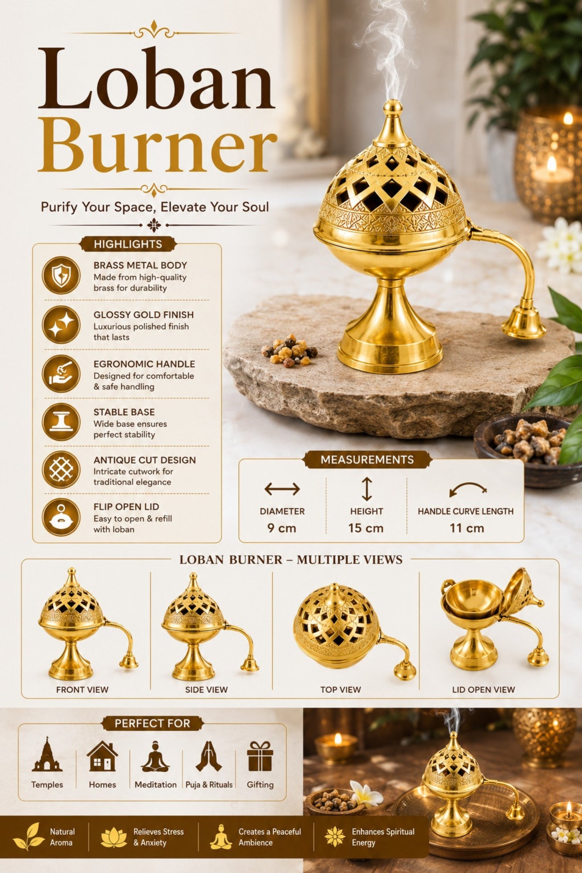 premium brass loban burner with handle handcrafted brass dhoop dani for loban sambrani cups bakhoor resin incense dhoop hinged lid pooja incense burner for home temple meditation gifting