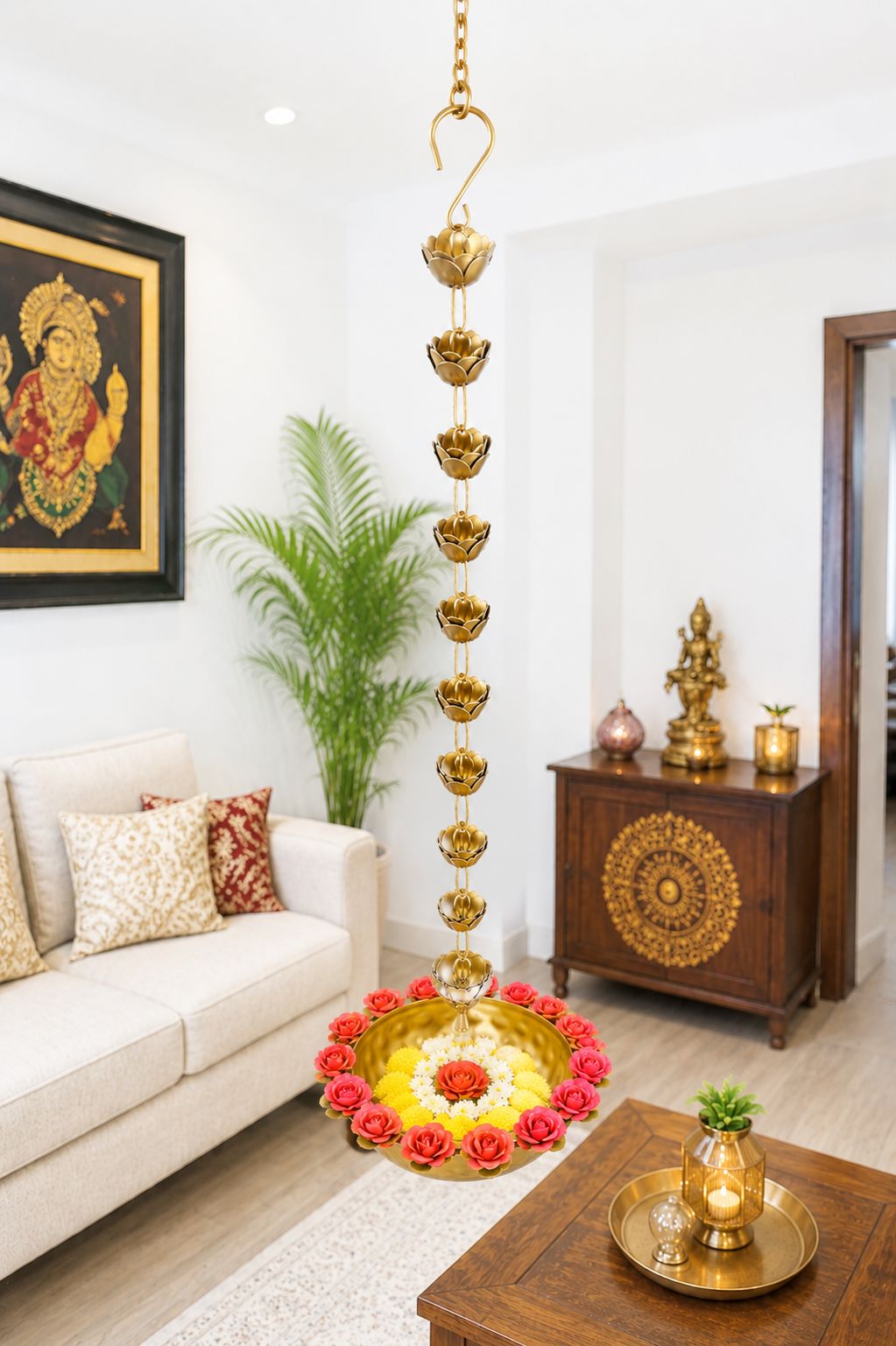 premium hanging lotus urli bowl with rose rim design decorative metal floating flower bowl with lotus chain hanging urli for water candles tea lights diwali pooja wedding home decor