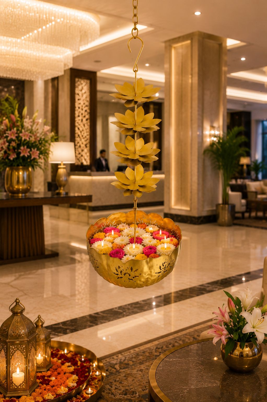 premium hanging lotus urli bowl decorative metal hanging flower urli for floating flowers water candles traditional hanging urli for diwali pooja wedding home decoration