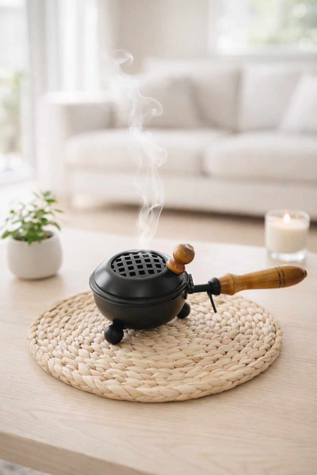 brass finish metal dhoop dani with wooden handle lid for pooja loban sambrani burning covered incense burner for home temple havan vastu premium festive gift item copy