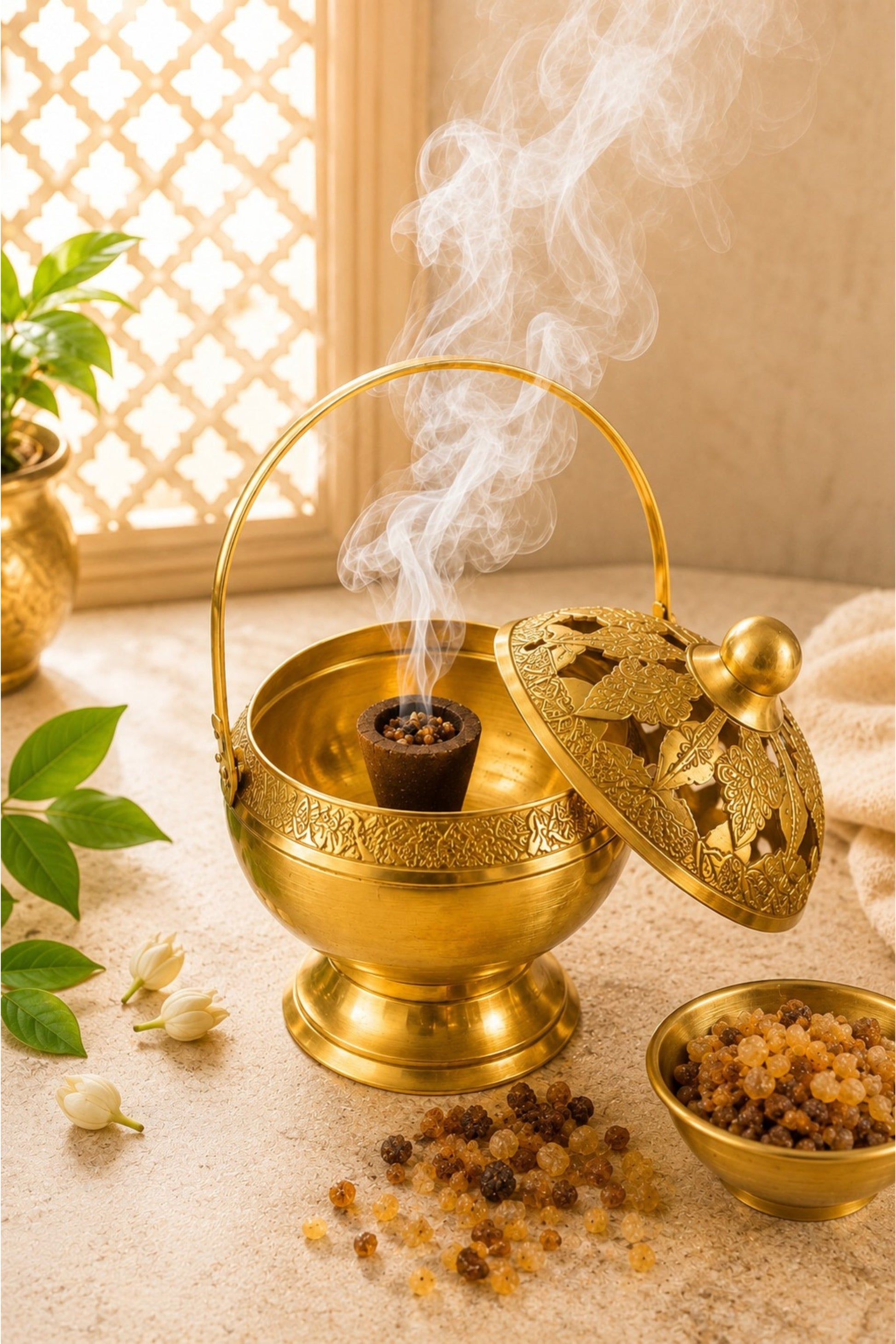 premium brass metal incense burner with handle handcrafted dhoop dani for sambrani loban dhoop cups resin incense decorative smoke diffuser for home temple pooja room