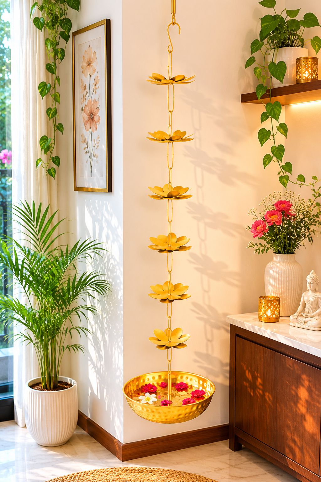 premium hanging lotus urli bowl with decorative flower chain handcrafted metal floating flower bowl for water candles tea lights hanging urli for diwali pooja wedding home decor