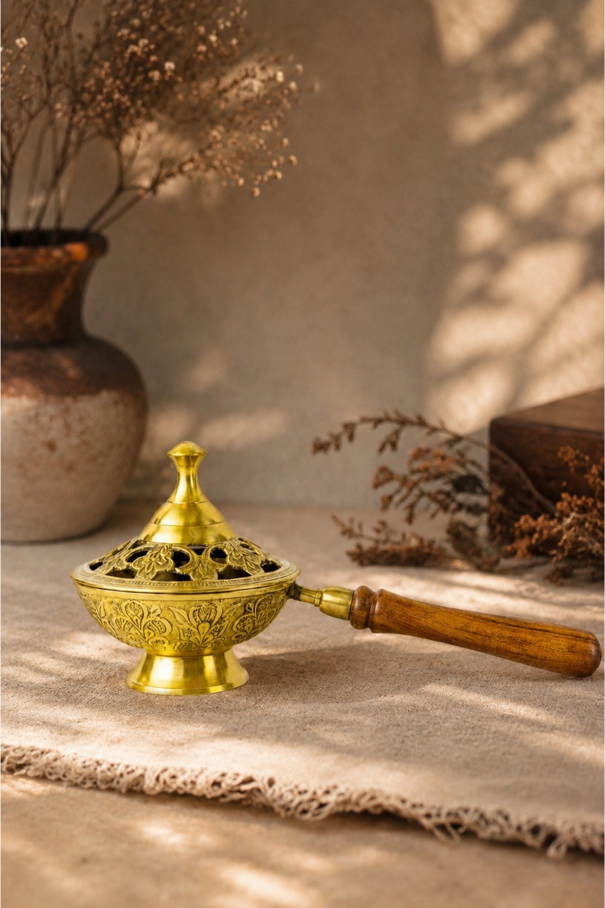 premium brass loban burner with wooden handle handcrafted brass dhoop dani for loban sambrani cups bakhoor camphor resin incense antique floral brass incense burner for home temple meditation gifting