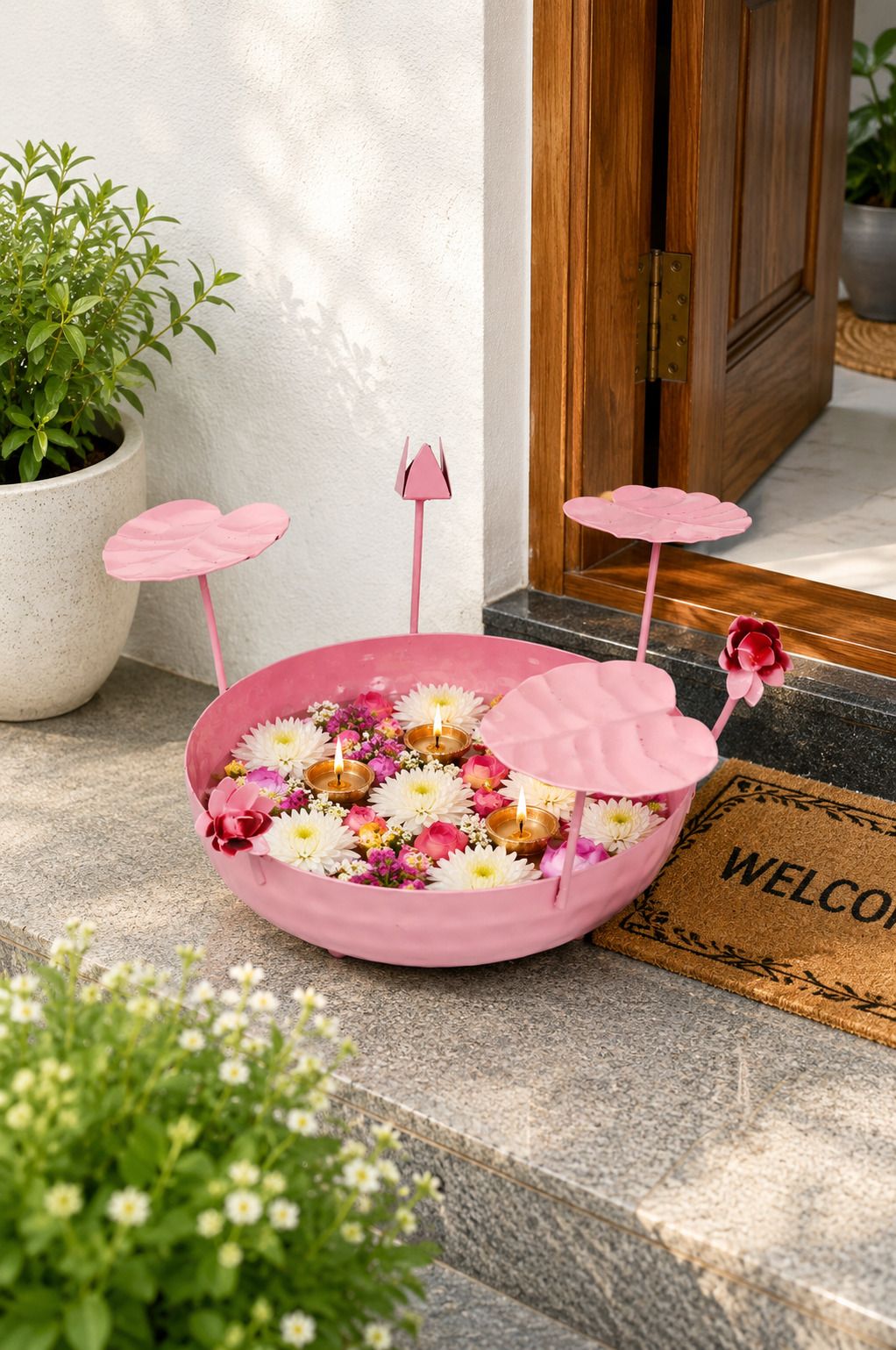 galvanized metal urli bowl for floating flowers candles decorative urli with lotus stems for home festival decor pink