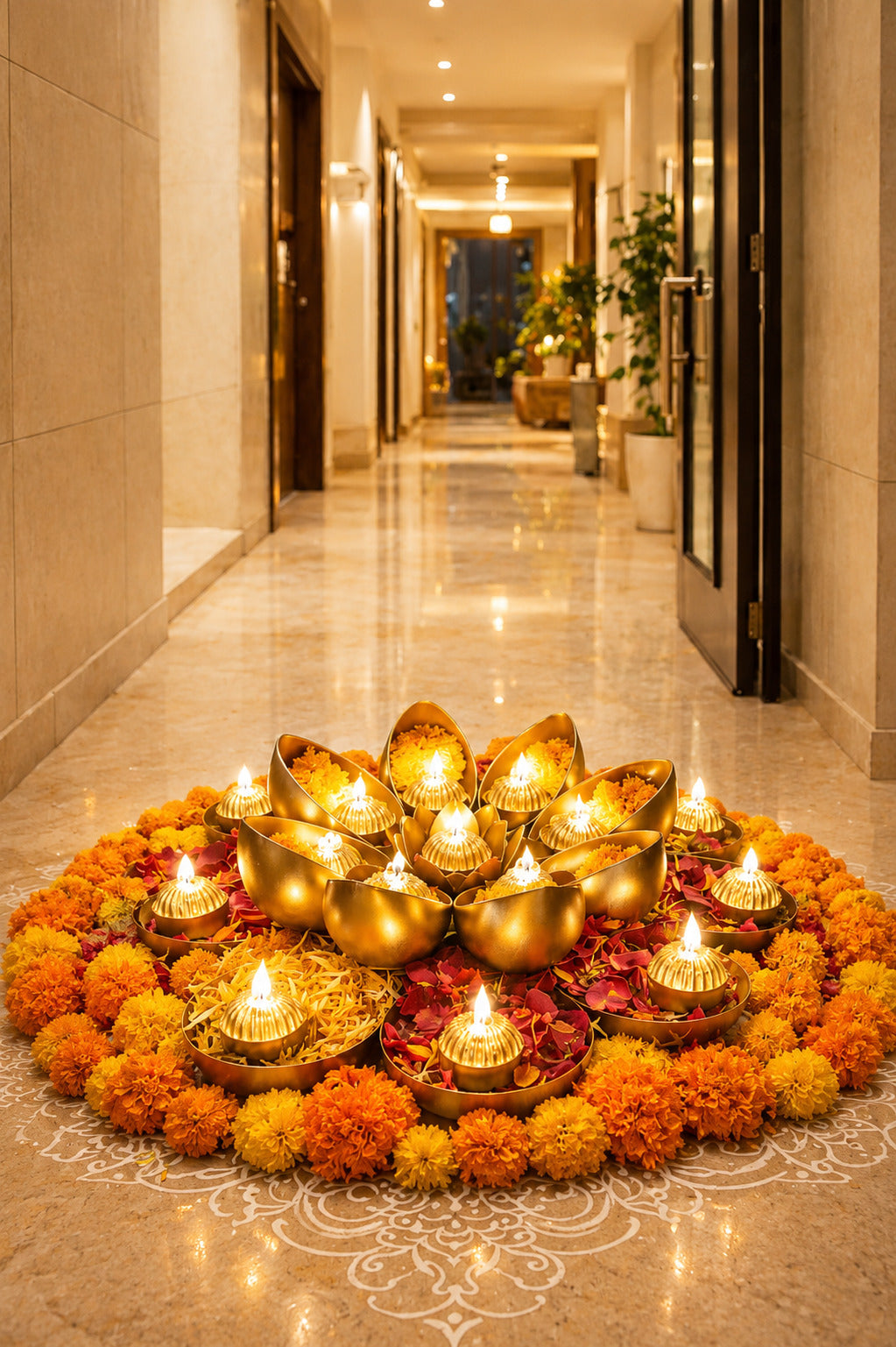 golden metal urli cum tealight holder set decorative diya flower urli for festive home decor