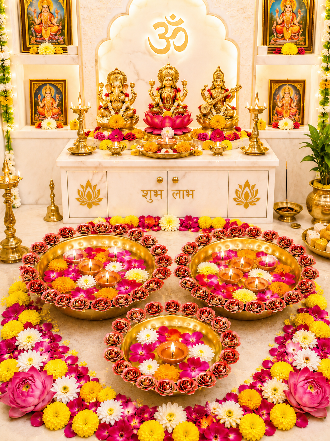 premium decorative urli bowl set of 3 with rose rim design hammered metal floating flower bowls for water candles tea lights diwali pooja wedding festival home decor centerpiece