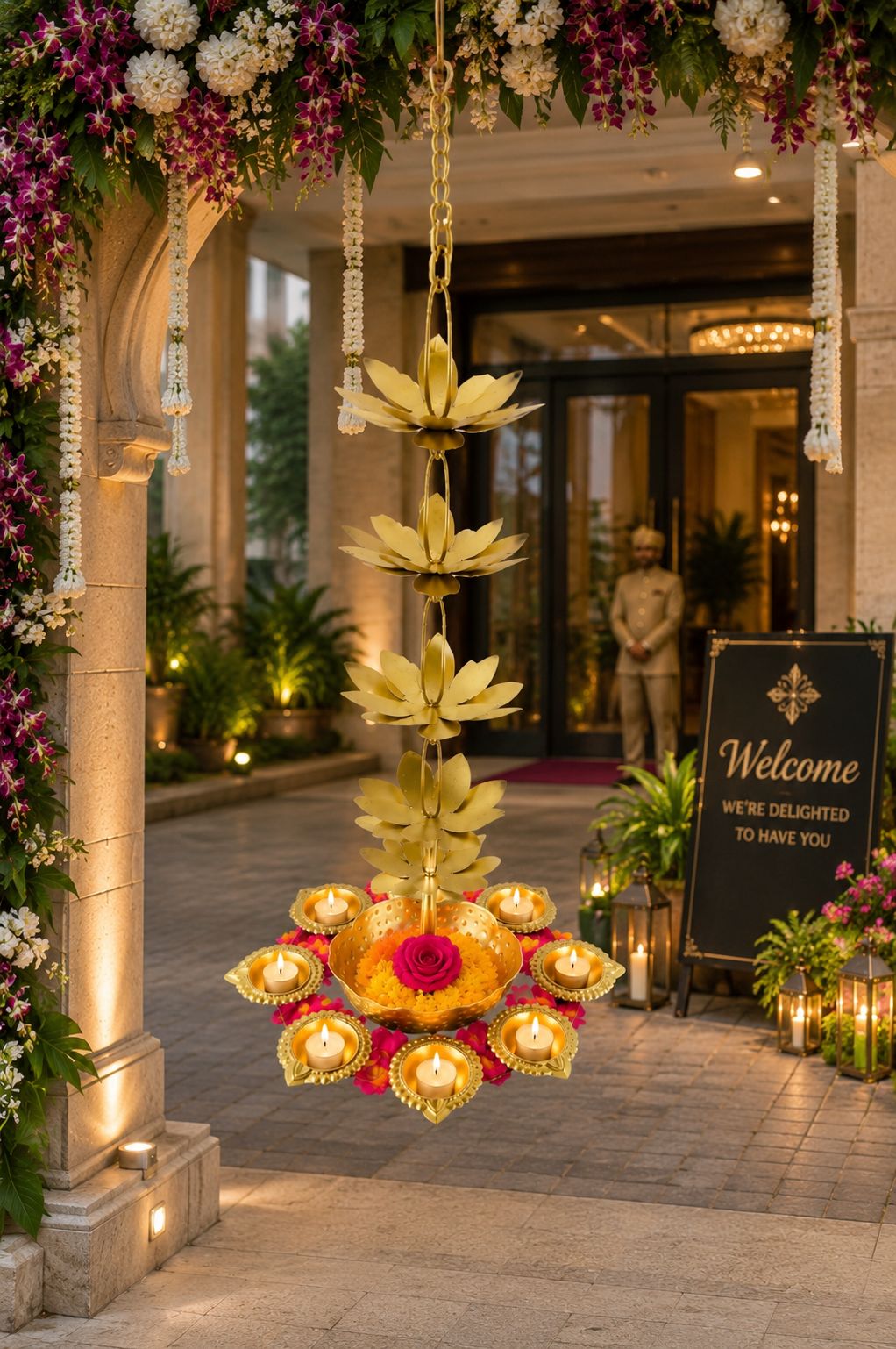 premium hanging lotus urli with 9 diya holders decorative metal hanging urli for floating flowers candles water decor traditional hanging diya urli for diwali pooja wedding home decoration