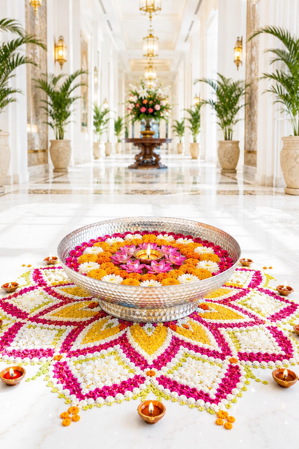 premium hammered silver urli bowl decorative metal floating flower bowl for water candles tea lights diyas handcrafted festival pooja wedding home decor centerpiece