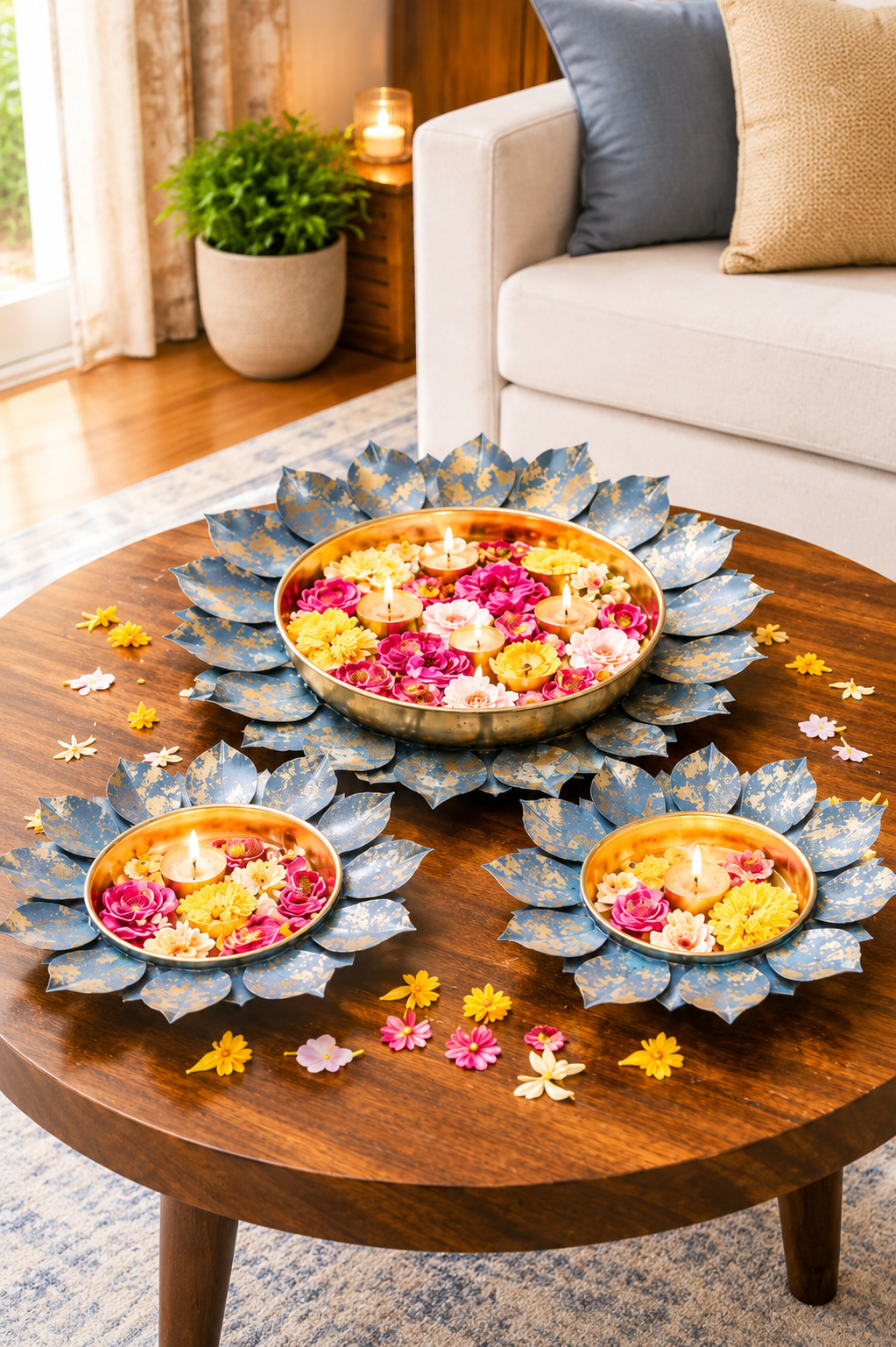 decorative metal urli bowl set with rose border floating flower candle urli for home festival decor set of 3 pink copy