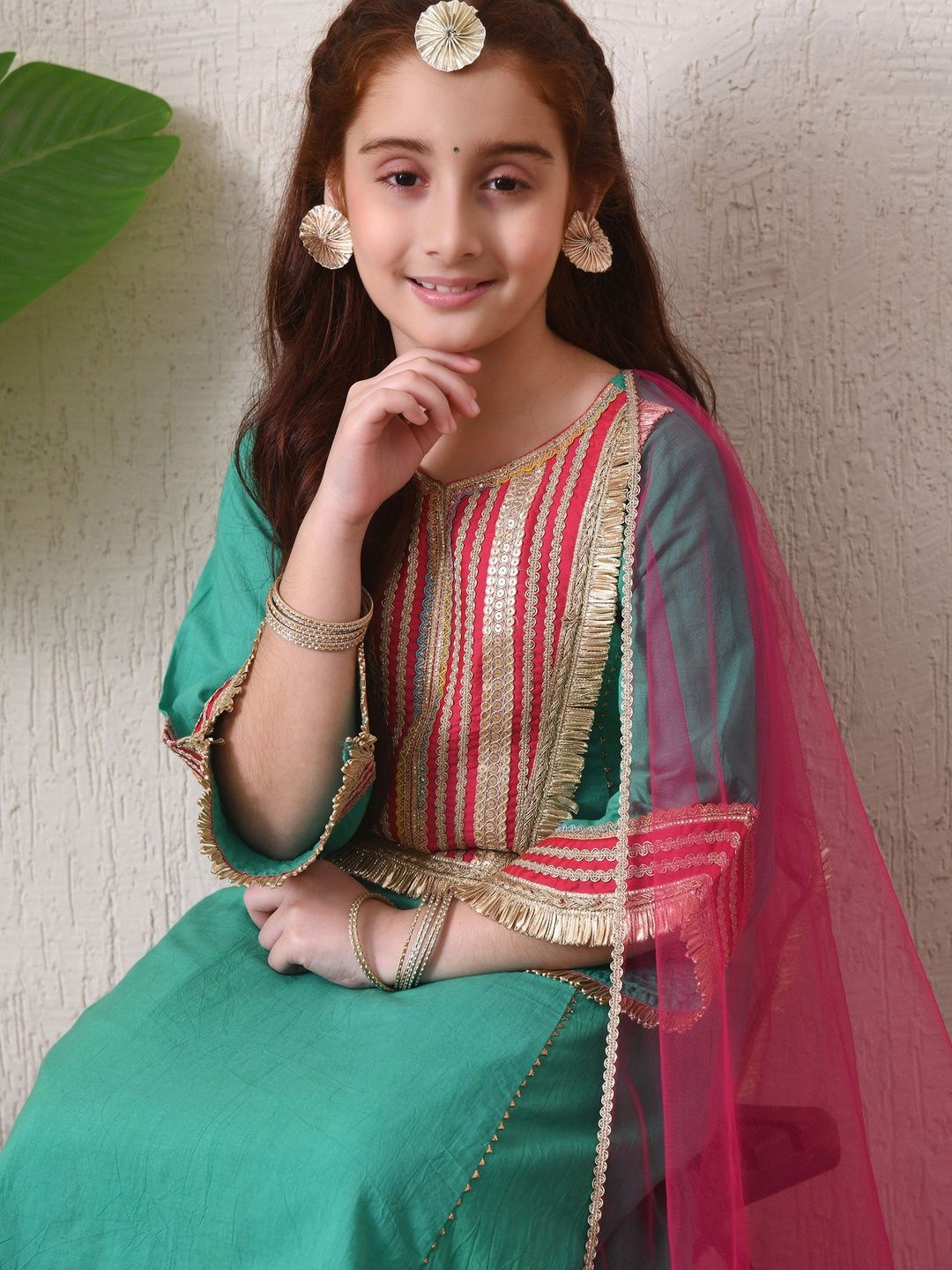 Girls Ethnic Kurta Set with Dupatta  Green & Pink Festive Wear ILKSD70