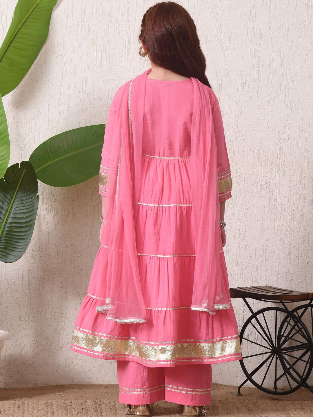 Girls Pink Tiered Anarkali Kurta Set with Dupatta ILKSD72