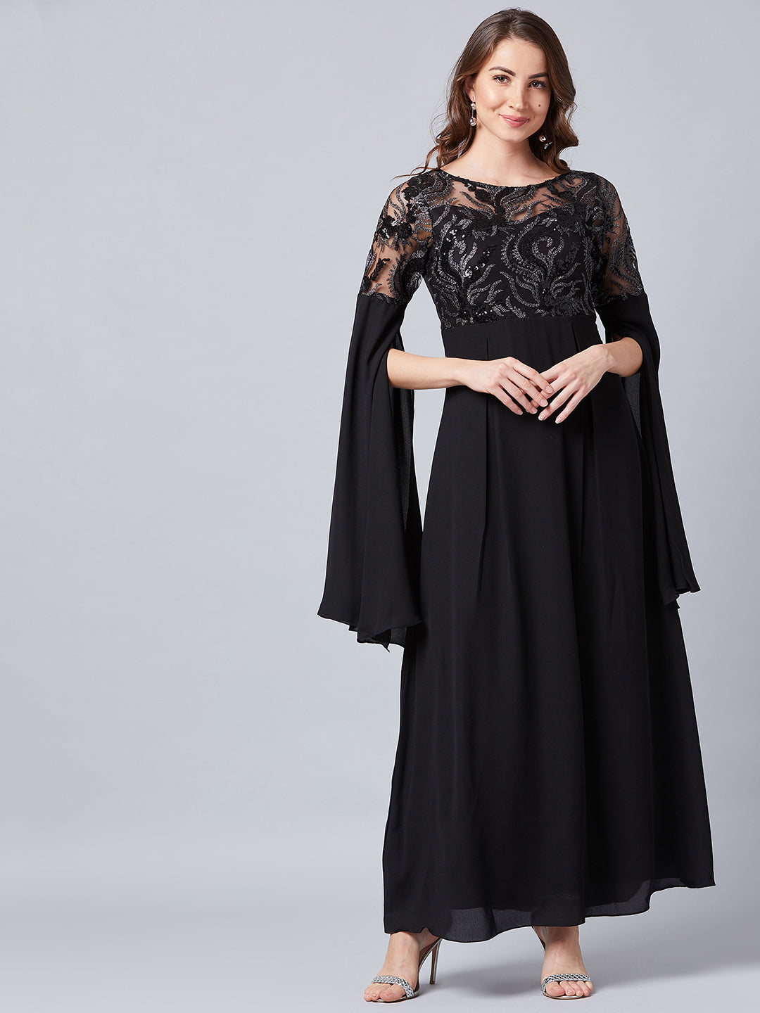 athena black embellished slit sleeves maxi dress