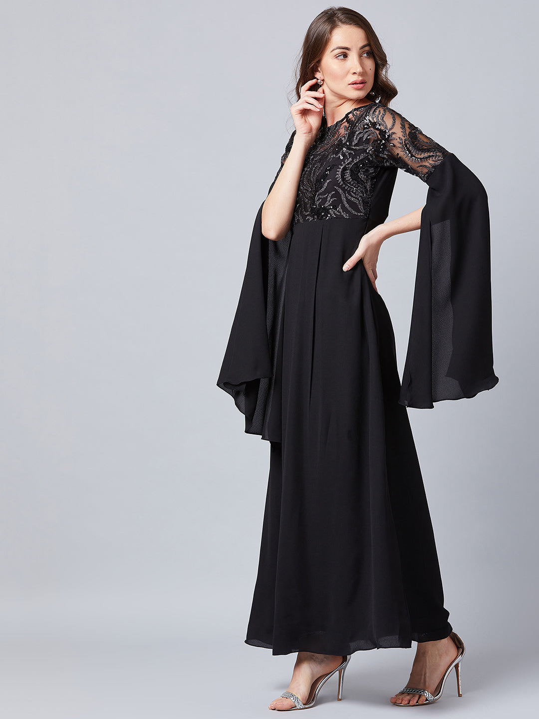 athena black embellished slit sleeves maxi dress