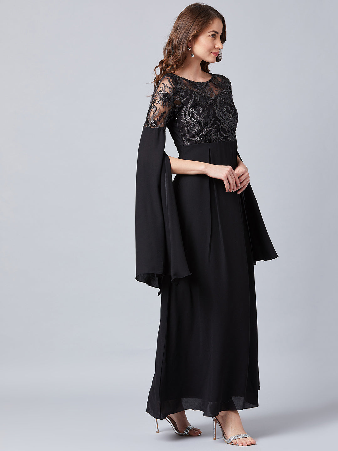 athena black embellished slit sleeves maxi dress