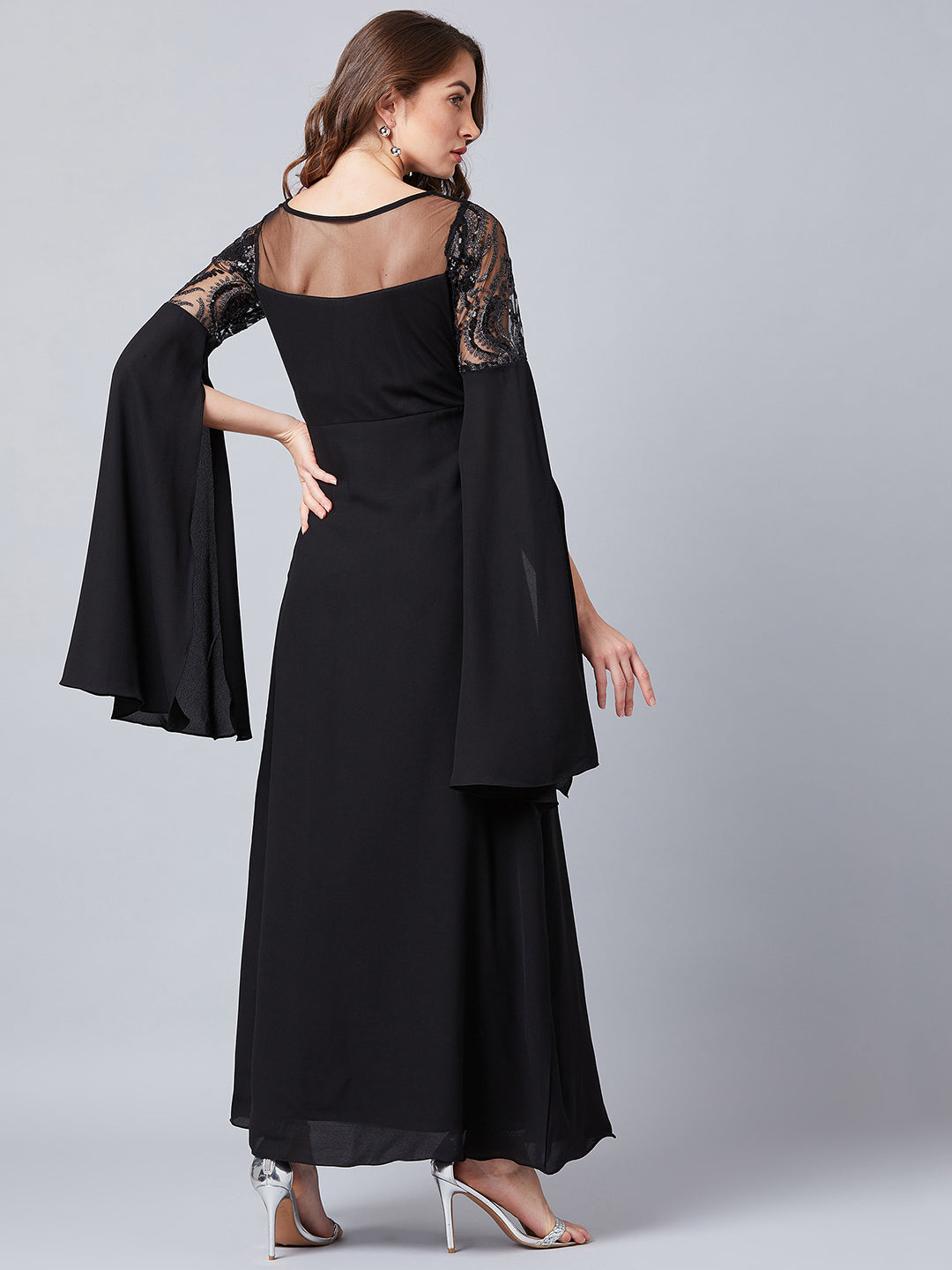 athena black embellished slit sleeves maxi dress
