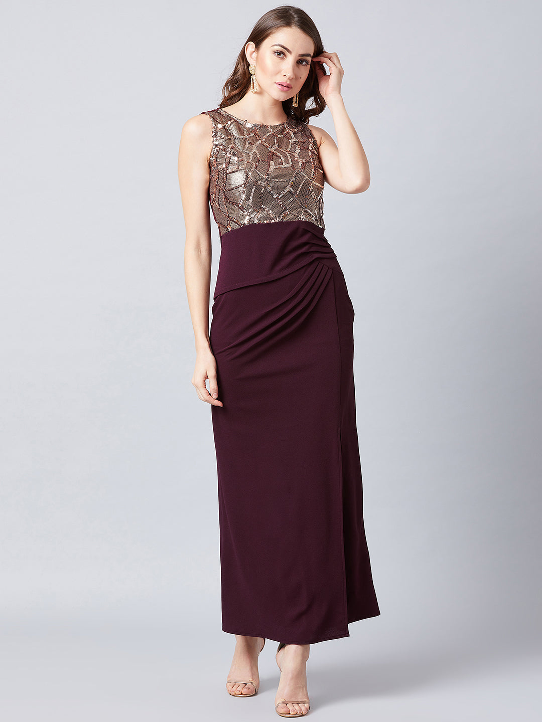 athena burgundy brown embellished maxi dress