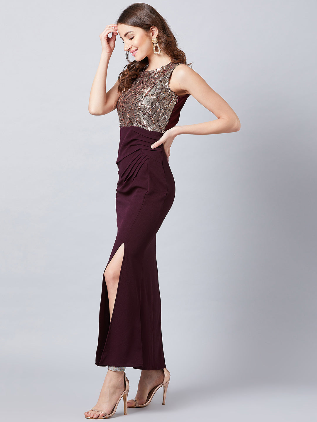 athena burgundy brown embellished maxi dress