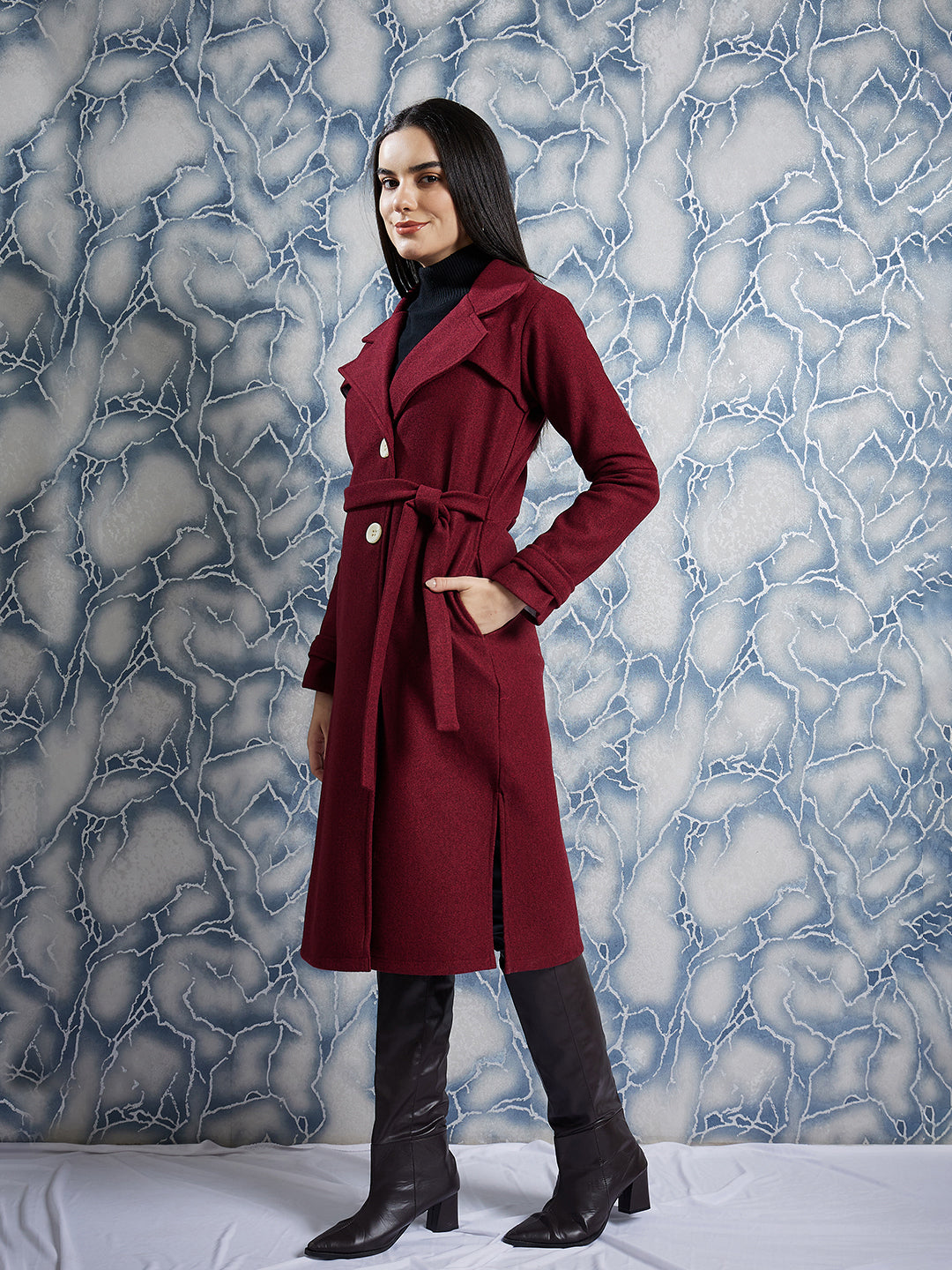 athena maroon notched lapel collar woollen single breasted trench coat