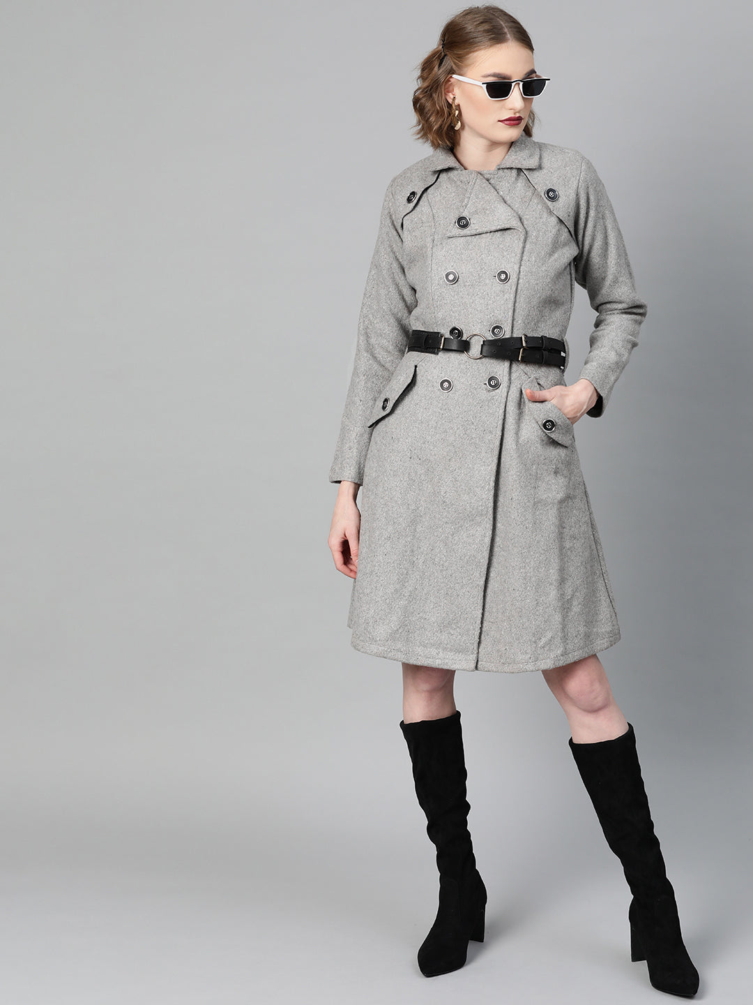 athena women grey melange solid trench coat