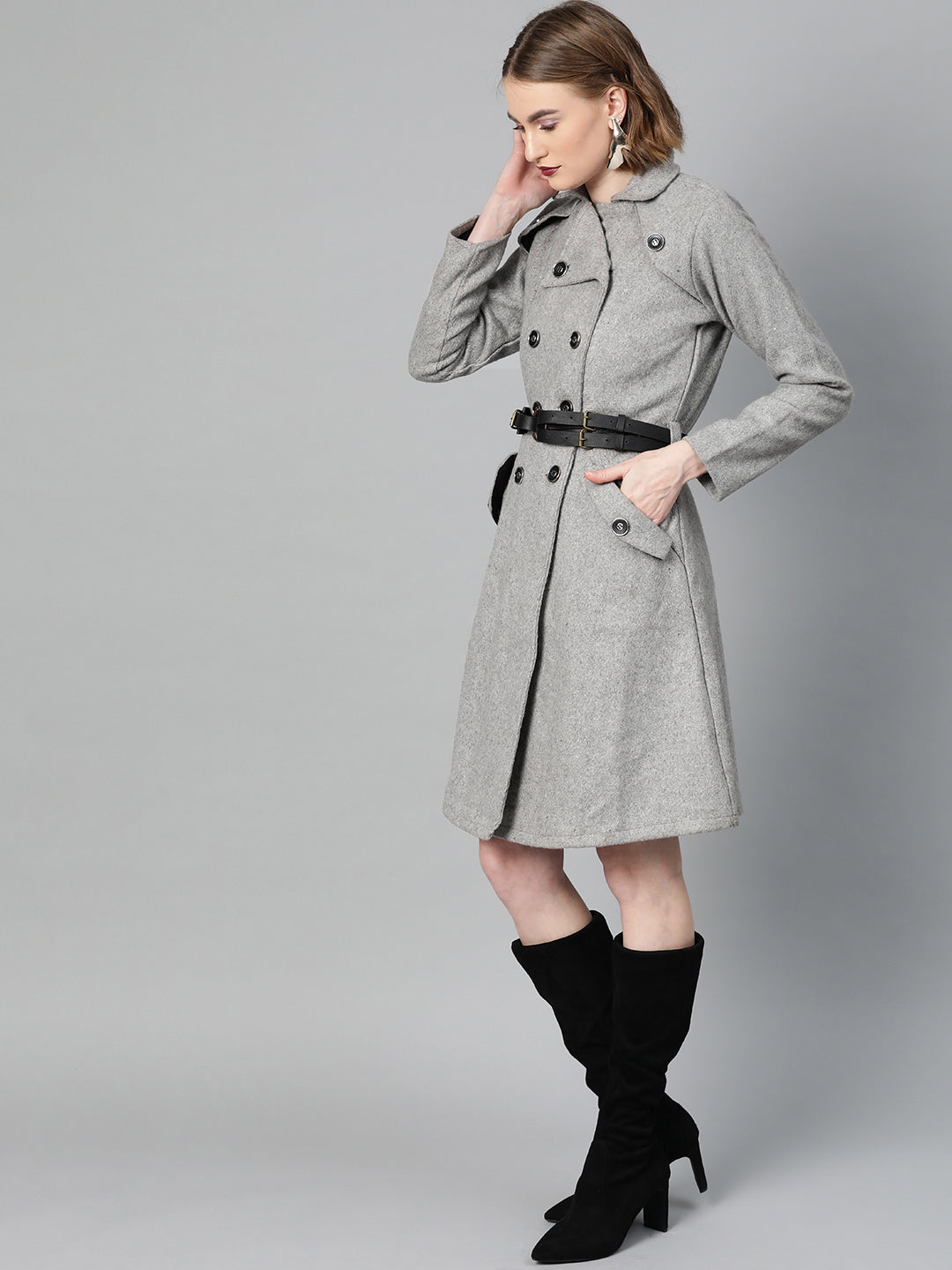 athena women grey melange solid trench coat