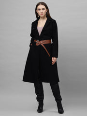 athena women black solid woollen knee length wrap coat