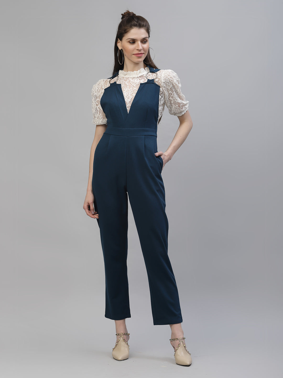 athena women teal blue solid basic jumpsuit