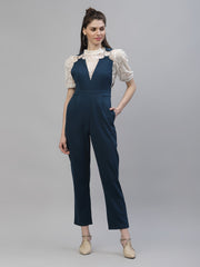 athena women teal blue solid basic jumpsuit